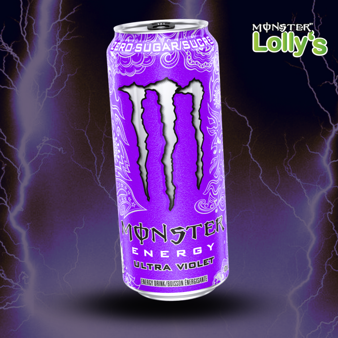 Sur cette image, il y a la Monster Energy Ultra Violet au milieu avec un fond noir et des éclairs violets et un logo Monster x Lolly’s en haut à droite