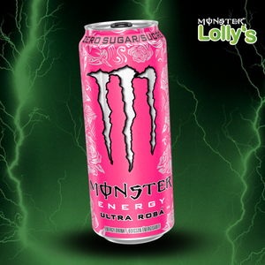 La célèbre boisson de la marque Monster Energy est présentée sur un fond néon contenant des éclairs, faisant référence à la dimension énergétique de la boisson. 