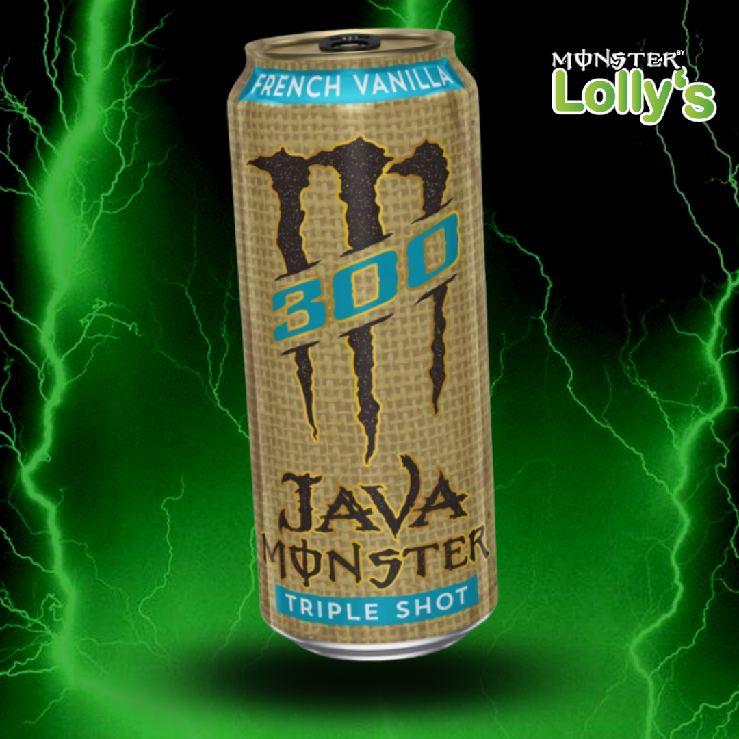 Sur cette image, il y a la Monster Energy Java French Vanilla au milieu avec un fond noir et des éclairs vert et un logo Monster x Lolly’s en haut à droite 