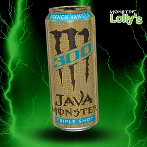 Sur cette image, il y a la Monster Energy Java French Vanilla au milieu avec un fond noir et des éclairs vert et un logo Monster x Lolly’s en haut à droite 