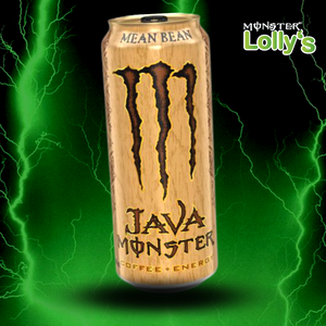 Sur cette image, il y a la Monster Energy Java Mean Bean au milieu avec un fond noir et des éclairs vert et un logo Monster x Lolly’s en haut à droite 