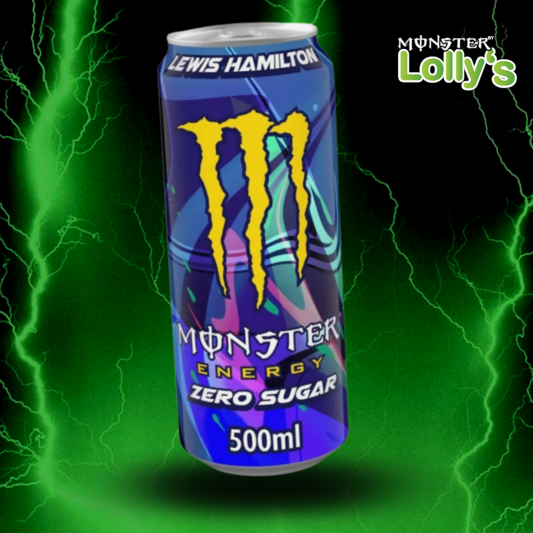 Sur cette image, il y a la Monster Energy Lewis Hamilton au milieu avec un fond noir et des éclairs vert et un logo Monster x Lolly’s en haut à droite 