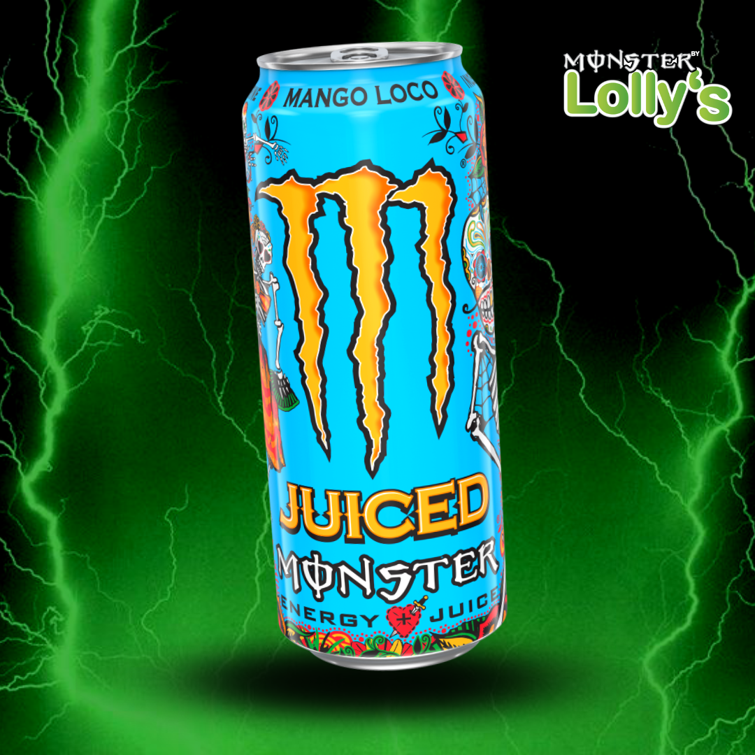 Sur cette image, il y a la Monster Energy Mango Loco au milieu avec un fond noir et des éclairs vert et un logo Monster x Lolly’s en haut à droite 