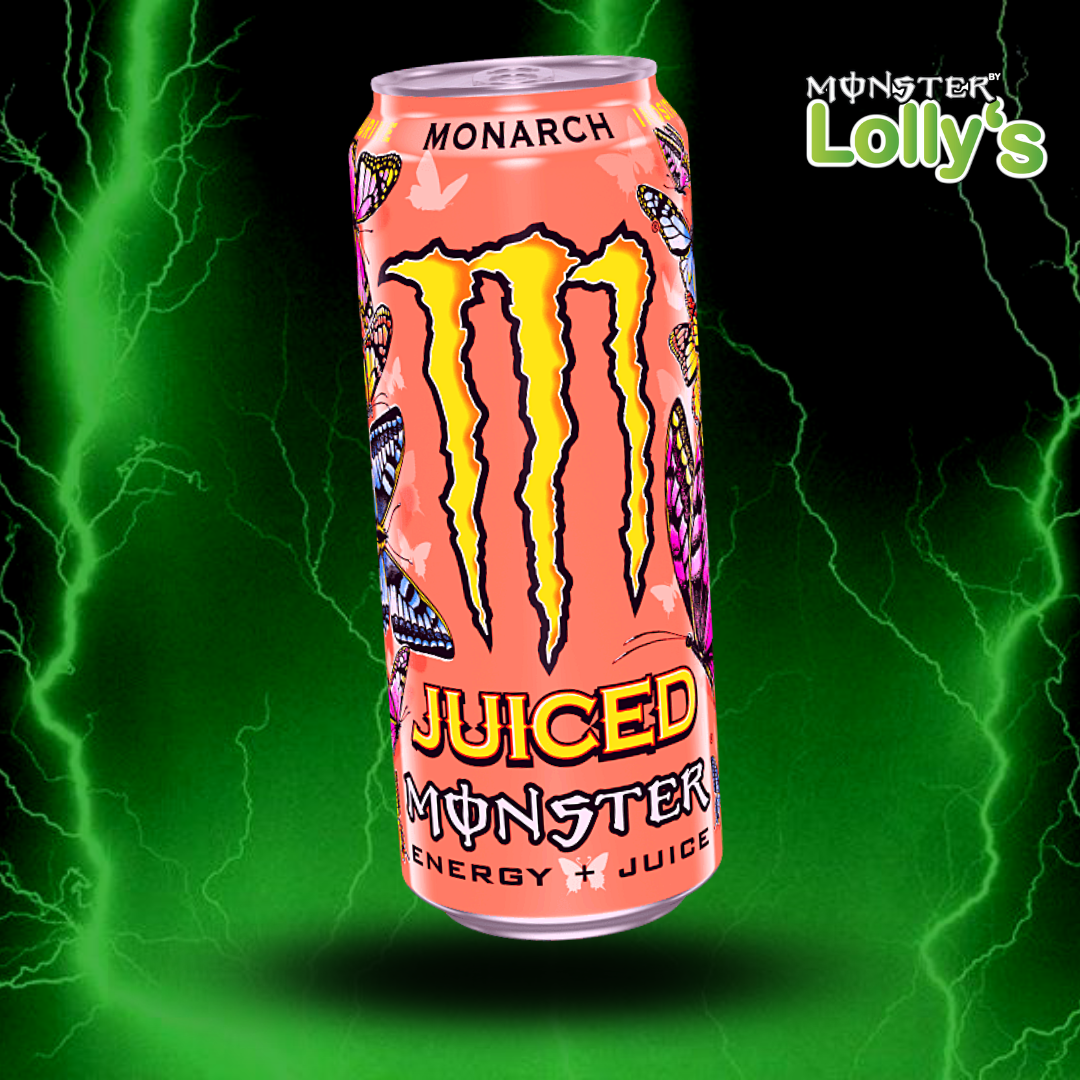 Sur cette image, il y a la Monster Energy Monarch au milieu avec un fond noir et des éclairs vert et un logo Monster x Lolly’s en haut à droite 