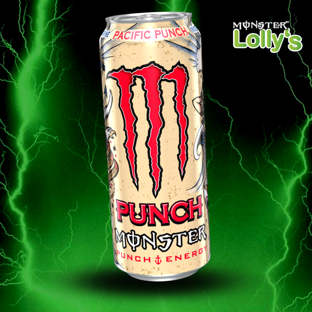 Sur cette image, il y a la Monster Energy Pacific Punch au milieu avec un fond noir et des éclairs vert et un logo Monster x Lolly’s en haut à droite 