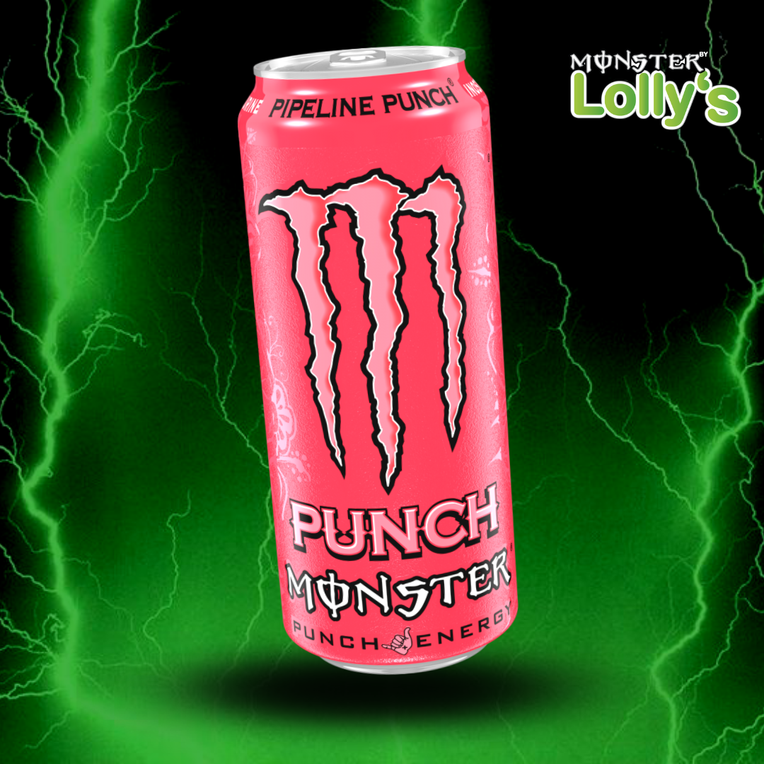 Sur cette image, il y a la Monster Energy Pipeline Punch au milieu avec un fond noir et des éclairs vert et un logo Monster x Lolly’s en haut à droite 