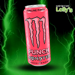 Sur cette image, il y a la Monster Energy Pipeline Punch au milieu avec un fond noir et des éclairs vert et un logo Monster x Lolly’s en haut à droite 