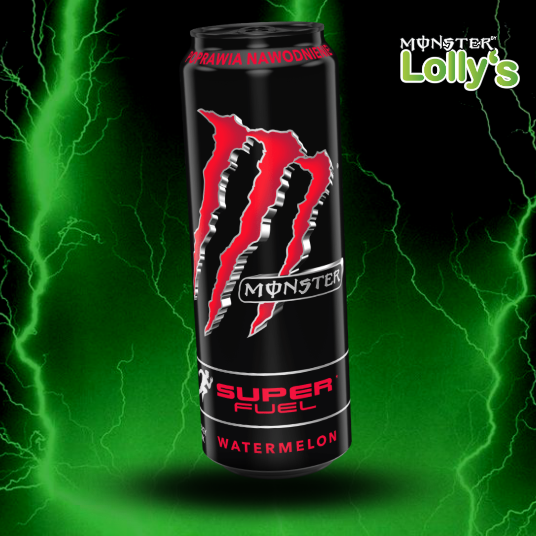 Sur cette image, il y a la Monster Energy Super Fuel Super Fuel Watermelon au milieu avec un fond noir et des éclairs vert et un logo Monster x Lolly’s en haut à droite 