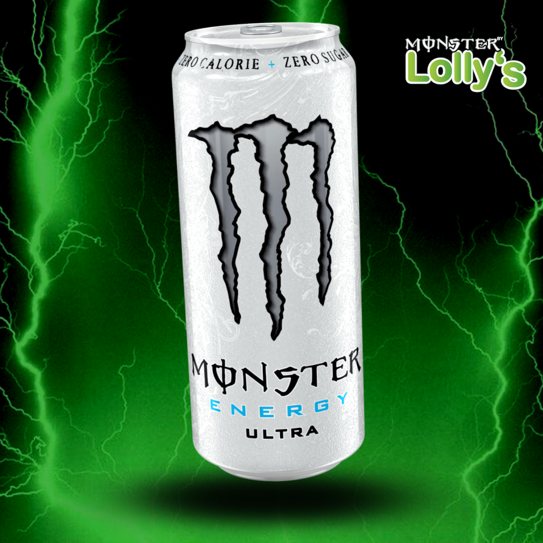 Sur cette image, il y a la Monster Energy Ultra White au milieu avec un fond noir et des éclairs vert et un logo Monster x Lolly’s en haut à droite 