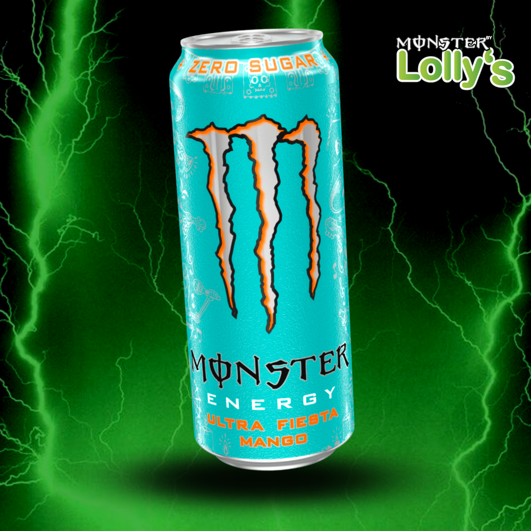 Sur cette image, il y a la Monster Energy Ultra Fiesta au milieu avec un fond noir et des éclairs vert et un logo Monster x Lolly’s en haut à droite 