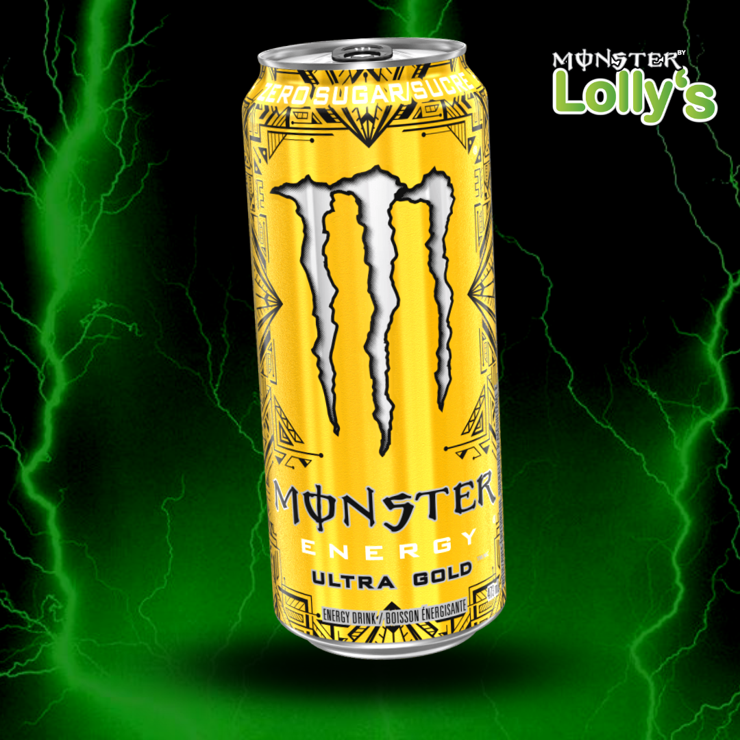 Sur cette image, il y a la Monster Energy Ultra Gold Pineapple au milieu avec un fond noir et des éclairs vert et un logo Monster x Lolly’s en haut à droite 