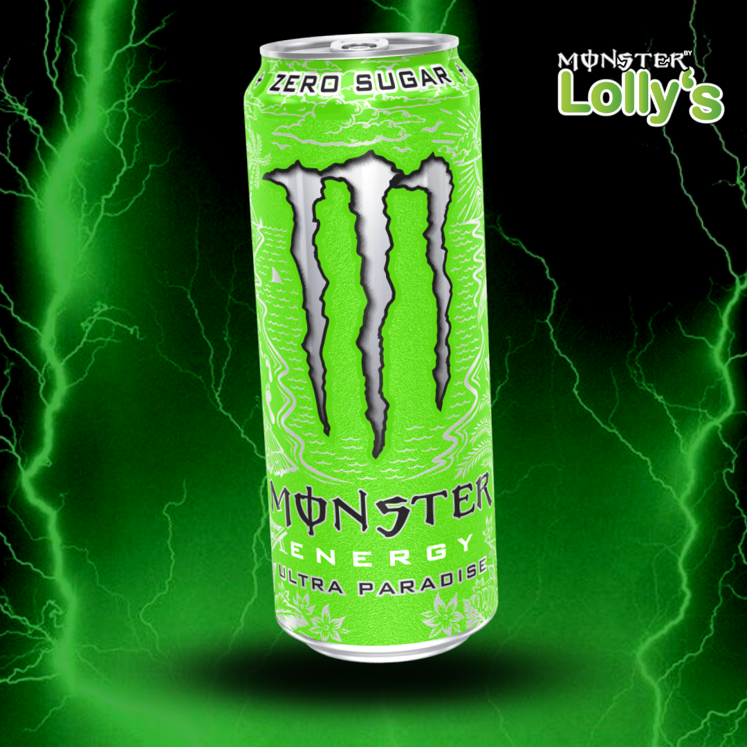 Sur cette image, il y a la Monster Energy Ultra Gold Paradise au milieu avec un fond noir et des éclairs vert et un logo Monster x Lolly’s en haut à droite 