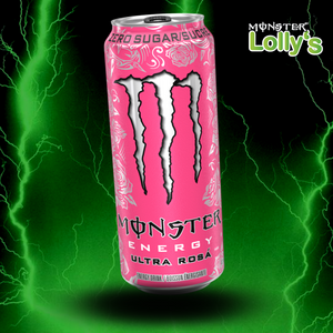 Sur cette image, il y a la Monster Energy Ultra Rosa au milieu avec un fond noir et des éclairs vert et un logo Monster x Lolly’s en haut à droite 