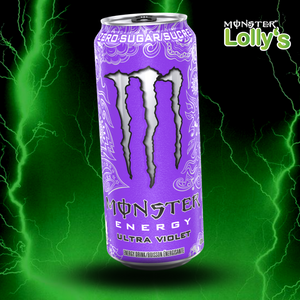 Sur cette image, il y a la Monster Energy Ultra Violet au milieu avec un fond noir et des éclairs vert et un logo Monster x Lolly’s en haut à droite 
