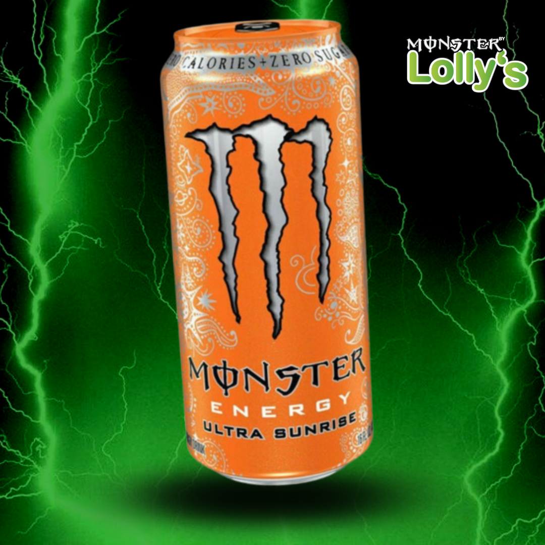 Sur cette image, il y a la Monster Energy Ultra Sunrise au milieu avec un fond noir et des éclairs vert et un logo Monster x Lolly’s en haut à droite 