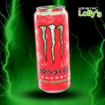 Sur cette image, il y a la Monster Energy Ultra Watermelon au milieu avec un fond noir et des éclairs vert et un logo Monster x Lolly’s en haut à droite 