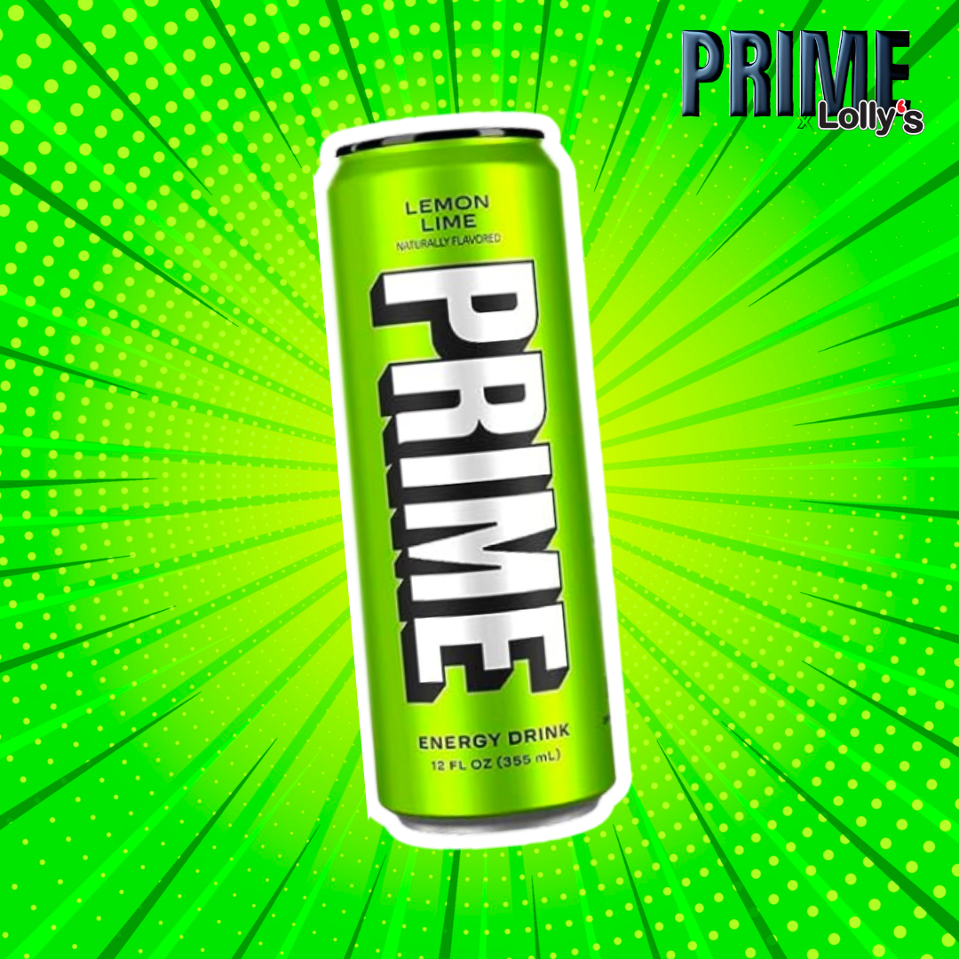 Sur cette image, il y a la Prime Energy Lemon au milieu avec un fond vert et un logo Prime x Lolly’s en haut à droite