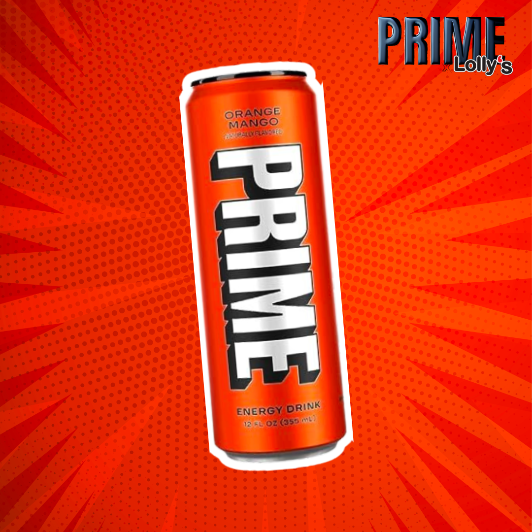 Sur cette image, il y a la Prime Energy Orange Mango au milieu avec un fond orange et un logo Prime x Lolly’s en haut à droite