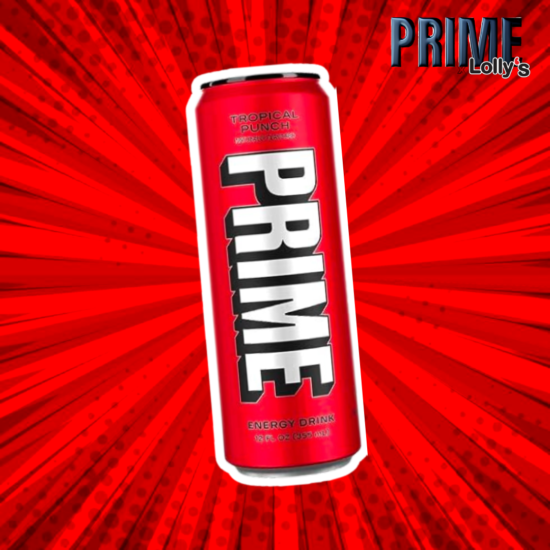 Sur cette image, il y a la Prime Energy Tropical Punch Watermelon au milieu avec un fond rouge et un logo Prime x Lolly’s en haut à droite