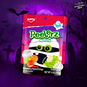 Peelerz Mummies, des bonbons en forme de momie qui s'épluchent. Bonbons saveur fraise, pomme et orange.