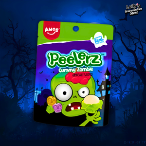 Peelerz Zombies, bonbon qui s'épluche en forme de zombie, saveur raisin, pomme et orange.