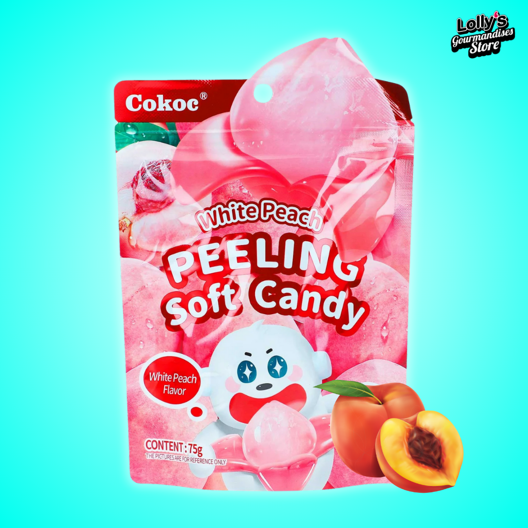 Peeling soft candy peach, bonbon qui s'épluche à la pêche. 