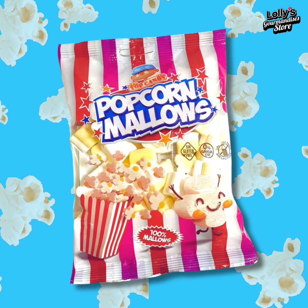 Le petit sachet 90g des popcorns mallows disposé sur un fond bleu. Son emballage est attractif, il nous fait penser aux couleurs d'un candy bar de fête foraine.  