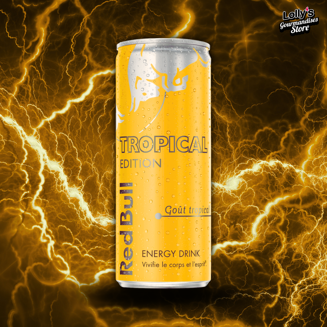 Canette de la célèbre boisson énergisante RedBull Tropical édition. La boisson est disposée sur un fond noir avec des éclairs jaunes pour rappeler le côté énergisant de la boisson. 