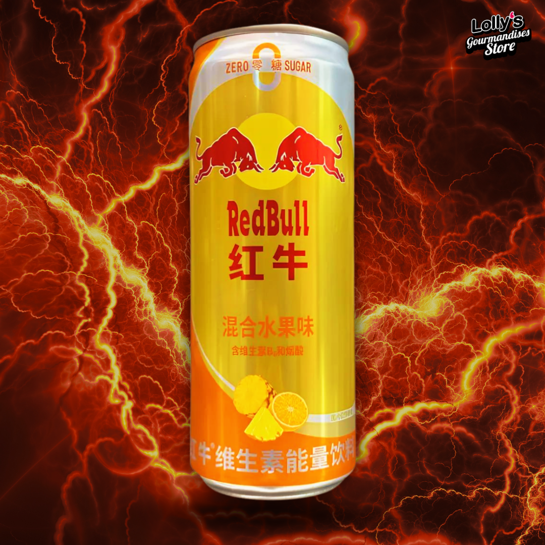 Canette de Redbull chinois Orange Ananas, de couleur orange et jaune et disposée sur un fond noir et orange avec des éclairs. 