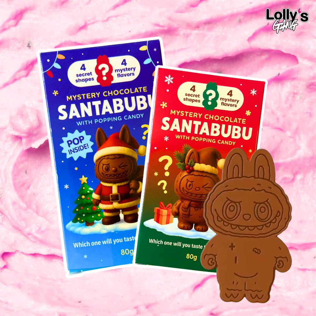 Chocolat santabubu, chocolat fourré en forme de Labubu. Tablette fourrée au goût mystère. 