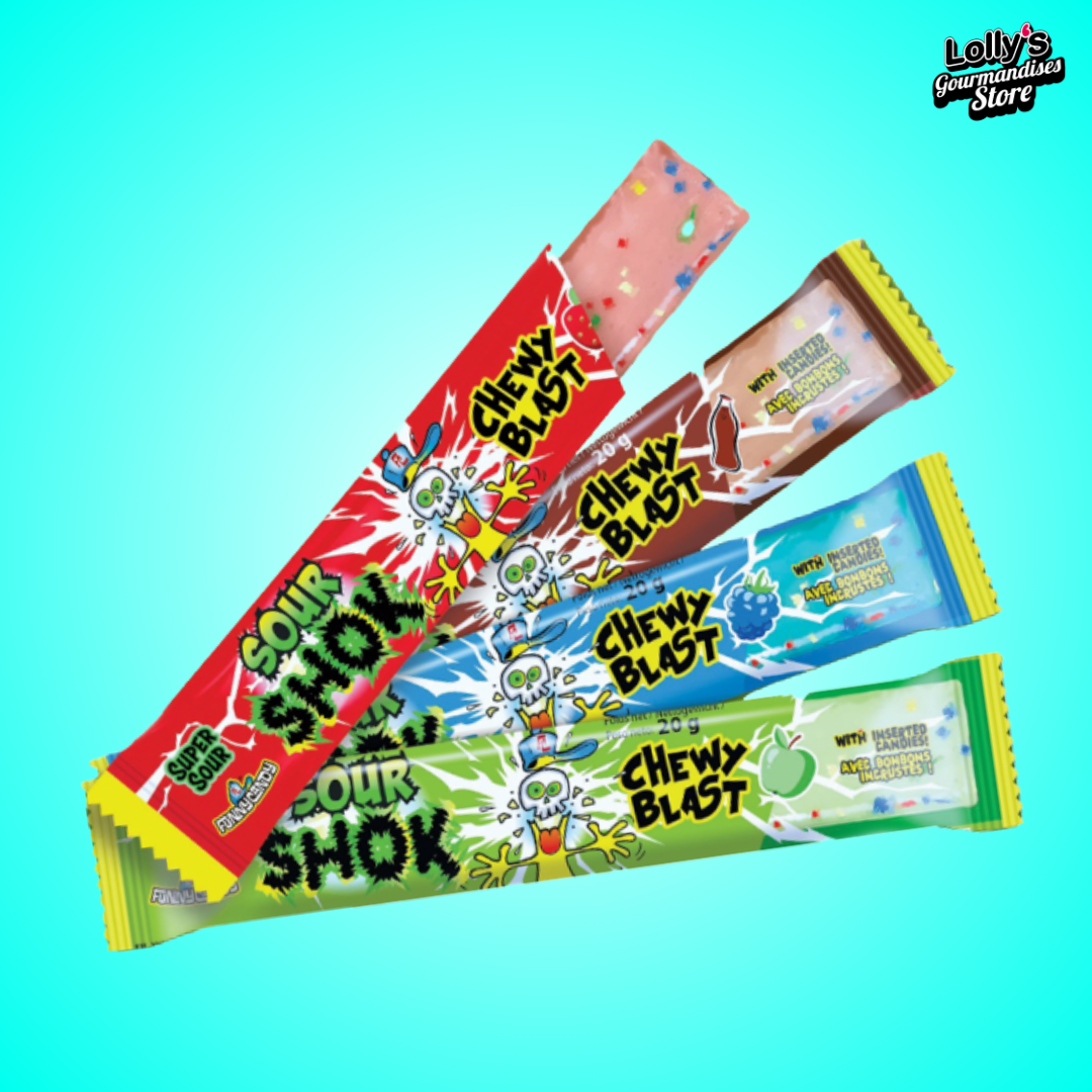 Sour Shock Chewy Blast, une pâte à mâcher acidulée. Saveur fraise, cola, framboise ou pomme. 