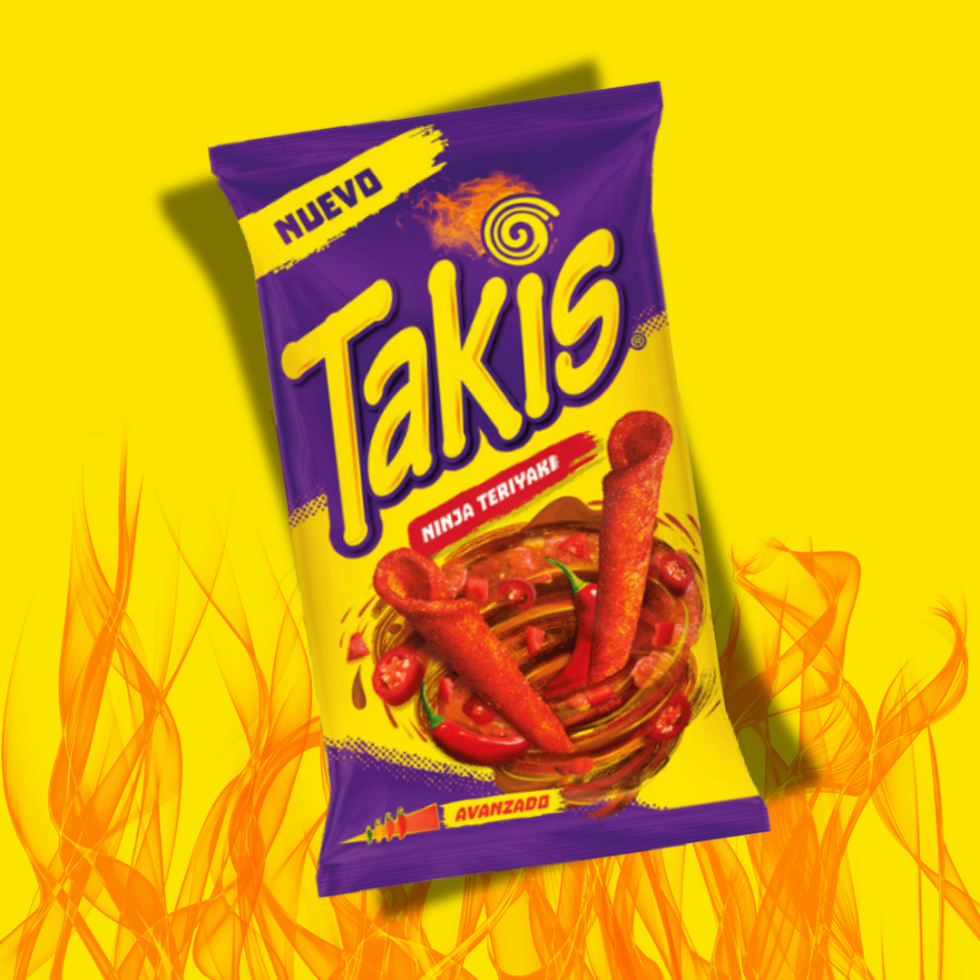 Les Takis Ninja Teriyaki, un niveau de piquant qui vas enflammer ton palais ! le paquet de chips est violet et jaune, le contraste parfait pour mettre l'accent sur le piquant des tortillas.  Les chips Ninja Teriyaki sont représentées sur le sachet, rien de mieux pour nous donner envie de les goûter. 