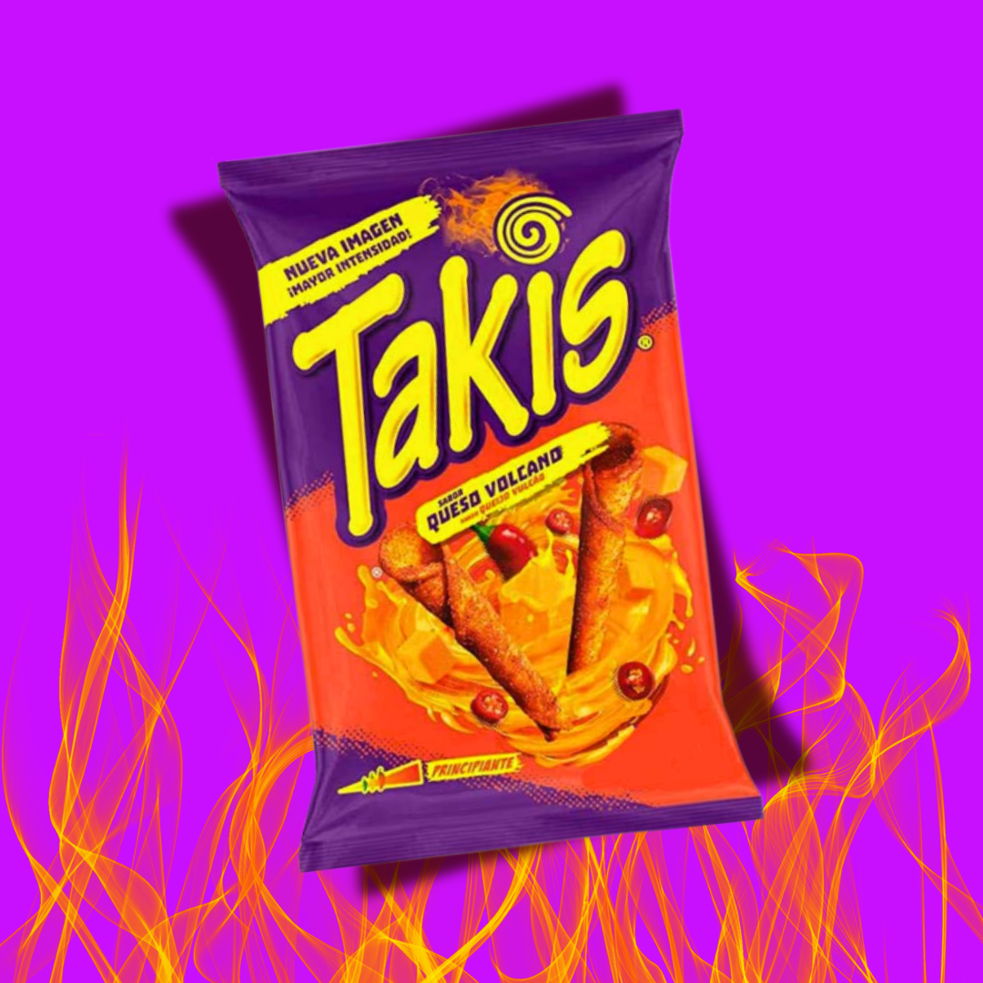 Un nouveau paquet de chips goût fromage ! Le paquet de chips Takis Queso Volcano accentue l'intensité du goût piquant par son design orangé. l'indice de piquant est indiqué en bas à gauche du sachet. Des flammes rappelant la chaleur procurées par les chips lors de la dégustation sont placées en arrière plan. 