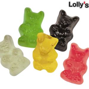 Bonbon en forme d'ourson teddy lisse couleur noir, rouge, jaune, verte, blanc en gros plan.
