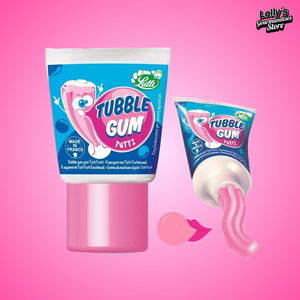 Image d'un tube de chewing-gum en pâte au goût tutti frutti. Le tube est présenté comme un dentifrice. Il est de couleur bleu et blanc avec un bouchon rose.