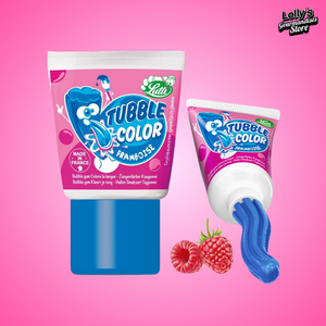 Image d'un tube, qui ressemble grandement à un tube de dentifrice, qui cache en fait un délicieux chewing-gum au goût framboise. Le tube est blanc et rose avec un bouchon bleu