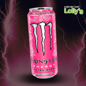 La célèbre boisson de la marque Monster Energy est présentée sur un fond néon contenant des éclairs, faisant référence à la dimension énergétique de la boisson.