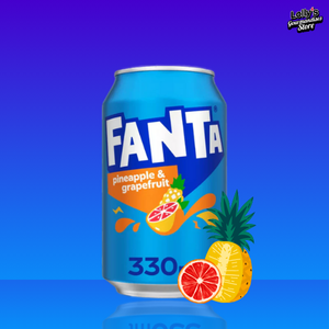 Fanta Pineapple Grapefruit, saveur ananas et pamplemousse, boisson sucrée, cannette bleue. 