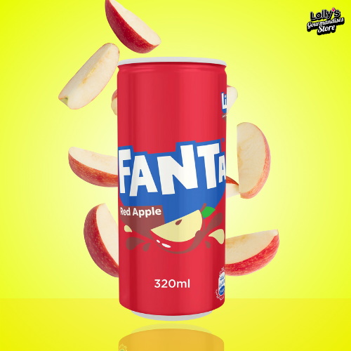 Fanta Red Apple, saveur pomme rouge, boisson sucrée, cannette rouge. 