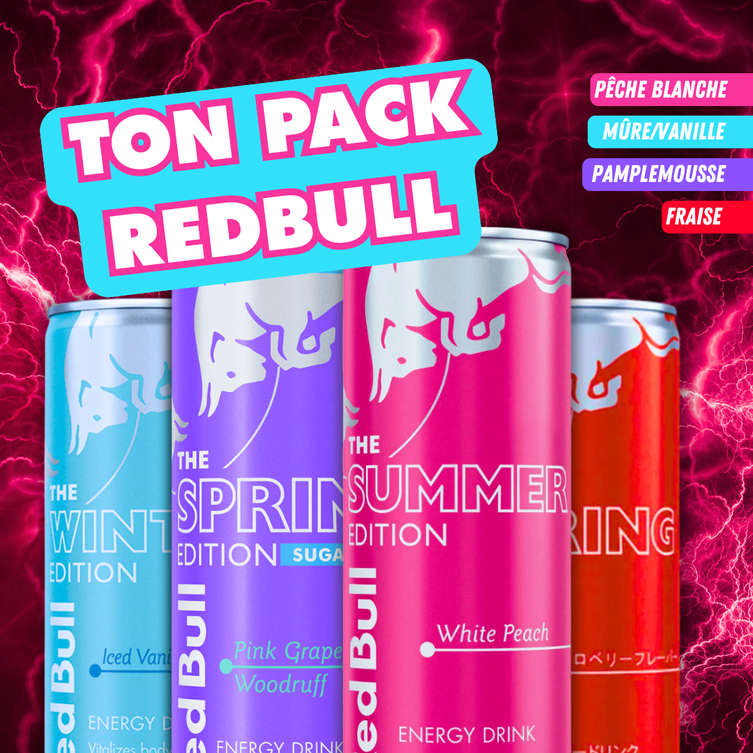 Pack Redbull, Redbull fraisen white peach, pamplemousse, mûre givrée vanille. 
